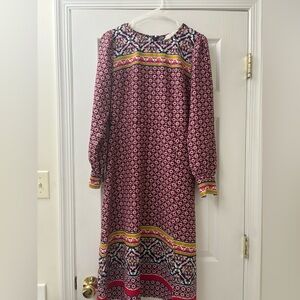 LOFT Pink and Navy Geometric Long Sleeve Dress